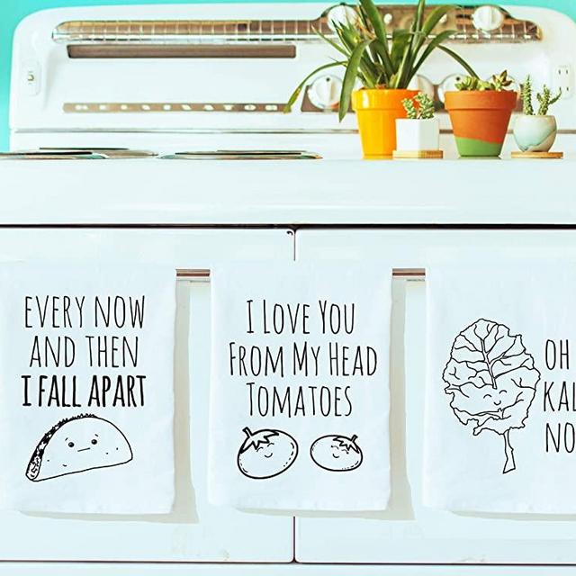 Funny Dish Towels, Set of 3, Funny Kitchen Towels, Taco, Tomatoes, Kale