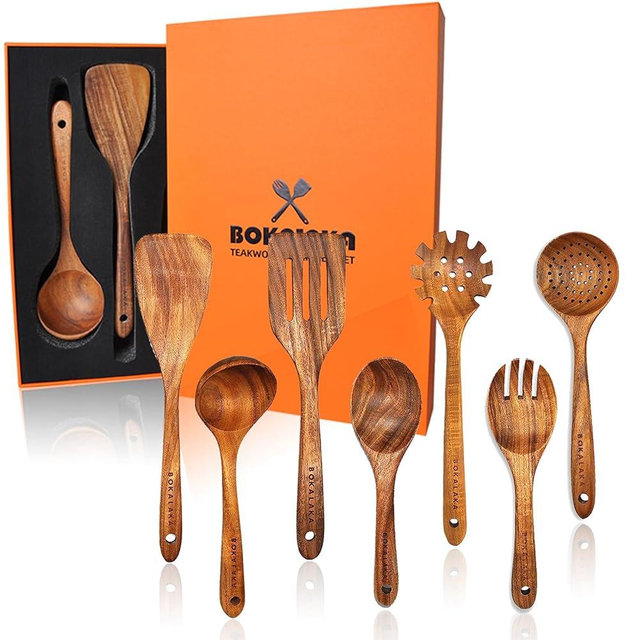 Wooden Spoons for Cooking,7Pcs Wooden Utensils for Cooking Teak Wooden Cooking Utensils Wooden Kitchen Utensil Set Wooden Spatula for Cooking