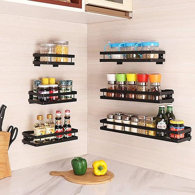 Metal Spice Rack Wall Mount Floating Shelves 2 Pack Black Storage organizer for Cabinet Door Pantry Kitchen Bathroom Supplies (9.8inches length)