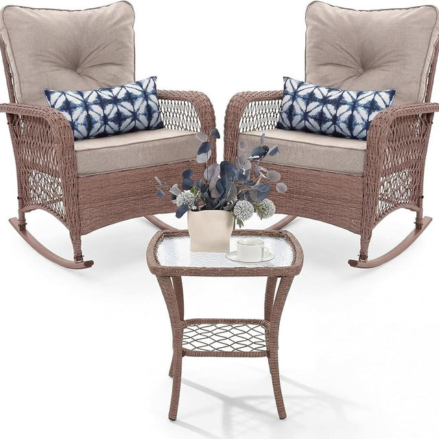 UDPATIO Rocking Chair Outdoor Set 2 with Coffee Table, 3 Piece Wicker Rocking Bistro Set with 4" Water-Resistant Cushions, Oversized, 350lbs Heavy-Duty, for Porch, Patio, Balcony, Brown/Beige
