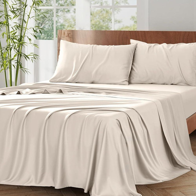 Vipfree Bamboo Rayon Sheet Set, Sand, King, 300 Thread Count, 4-Piece with Deep Pockets, Solid Pattern