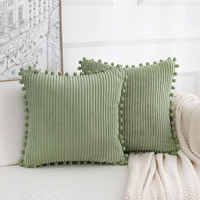 WELTRXE Sage Green Pack of 2 Pillow Covers 18x18 inch Soft Corduroy Striped Cushion Cover Boho Farmhouse Decorative Square Throw Pillow Covers with Pom Poms for Couch Sofa Bed Chair Indoor Outdoor