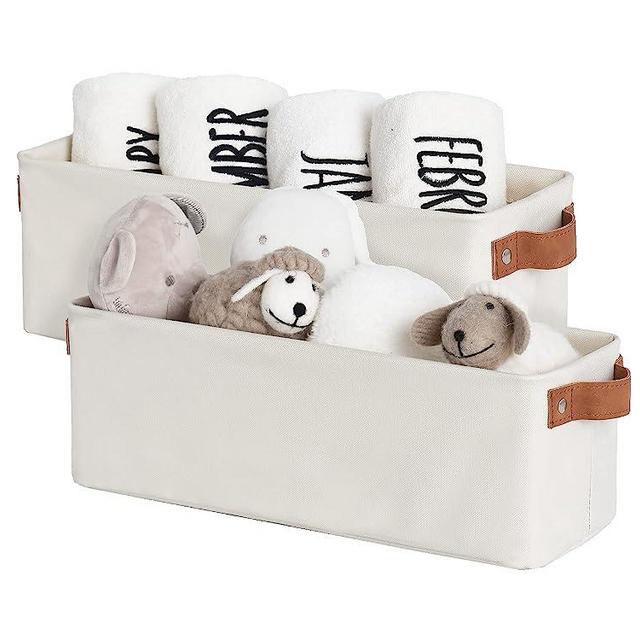StorageWorks Narrow Storage Bins, Small baskets for Organizing, Long Storage Basket with Handles, Fabric Storage Bins for Shelf, Beige, 2-Pack