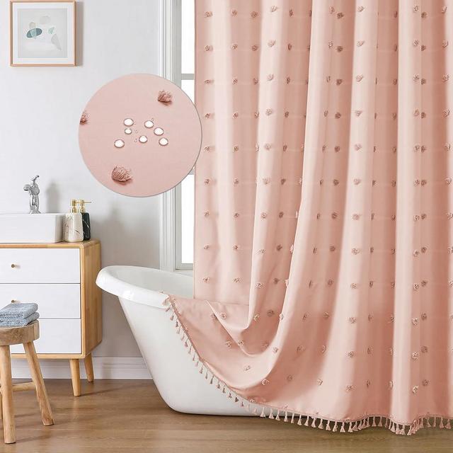 LilyCat Boho Farmhouse Pink Blush Fabric Shower Curtain, 72x72 Tufted Pleat Floral Puffs Textured Tassel Cute Rustic Vintage Shower Curtain for Bathroom, Minimalist Cloth Shower Curtain Set with Hooks