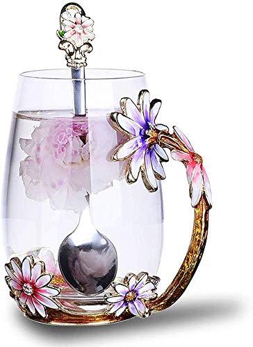 Luka Tech Enamels Butterfly flower Lead-free Glass Coffee Mugs Tea Cup with Steel Spoon, Best Birthday Gifts For Women Wife Mom Friends Mothers Valentines Day Wedding (Purple-Tall)
