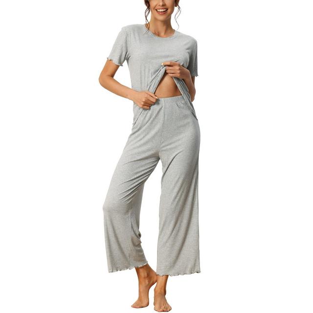 cheibear Women's Sleepwear Round Neck Soft Knit Short Sleeve Shirt with Pants Capri Pajamas Set Grey Small