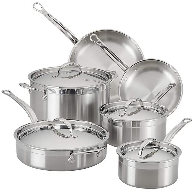 Hestan ProBond Collection Ultimate Set - 100% Triple Bonded Nonstick Stainless Steel, Lids are Interchangeable, Assortment of Pots, Pans & Skillets, 10-Piece Set, Stainless Steel
