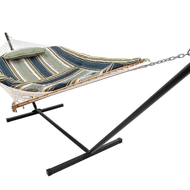 Lazy Daze Hammocks Double Outdoor Hammock with 12 ft Steel Stand, 2 Person Cotton Rope Hammock with Quilted Pad, Spreader Bars, Detachable Pillow, Forest Stripes