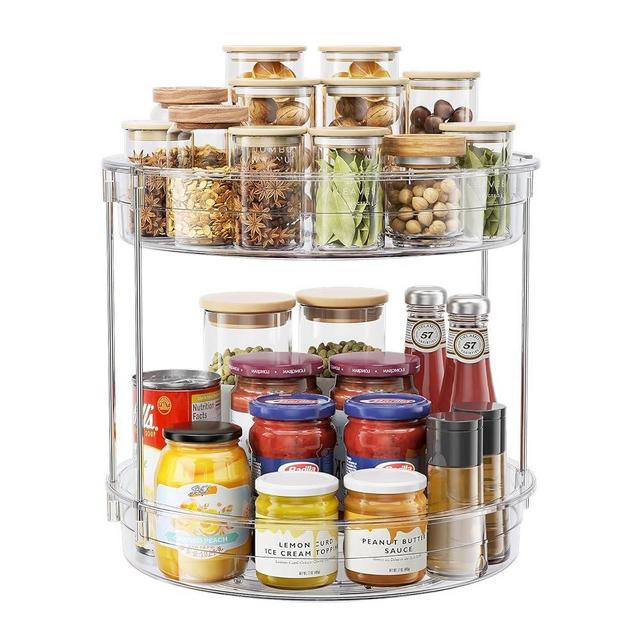 LAMU 12inch 2 Tier Lazy Susan Turntable Organizer Rotating Spice Rack Organization for Cabinet, Kitchen, Pantry, Countertop, Bathroom, Vanity, Medicine Cabinet Organizer, Clear
