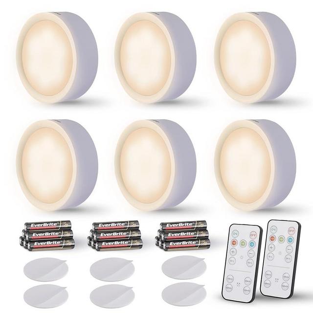 EverBrite Puck Lights, Battery Operated Lights, with Remote Control, Under Cabinet Lighting Wireless, Dimmable Closet Lights with Timer, Battery Included (6-Pack)