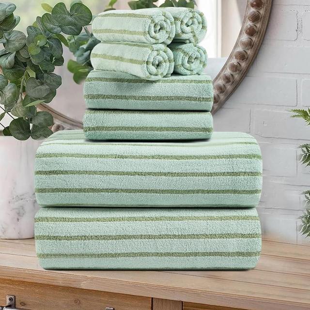 8 Pcs Green Cabana Stripe Large Bath Towel Set Oversized Bath Sheet-2 Bathroom Towels,2 Hand Towels,4 Washcloths Soft Jumbo Towel Absorbent Shower Towel Quick Dry Beach Chair Towel Spa Gym Hotel Towel