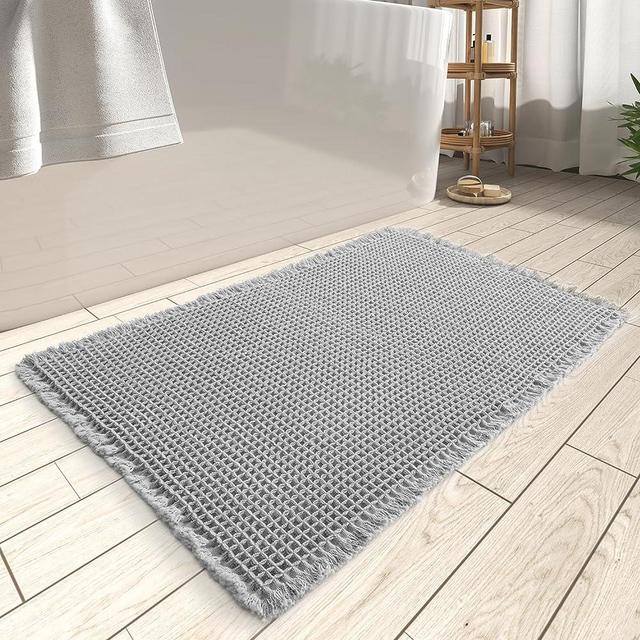 AMOAMI Upgraded Waffle Bath Mat, Super Absorbent Non Slip Bath Mats for Bathroom Floor, Machine Washable Bathroom Rugs with Tassels, Rubber Backed Bathroom Mats, Ultra Soft, 18" x 30", Grey
