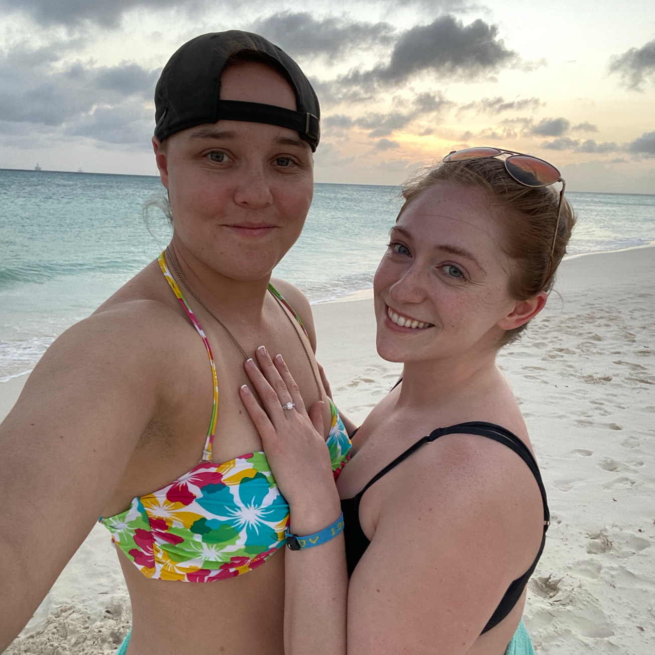 Engaged and last day in Aruba, Skye wearing her ring on the middle finger because it was too big