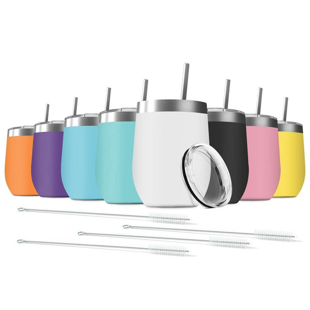 Deitybless 8 Pack 12 oz Stainless Steel Wine Tumbler with Lids, Double Wall Vacuum Insulated Travel Cup Including 8 Straws Set for Coffee, Cocktail, Drink, Tea and Beer (Assorted Colors)