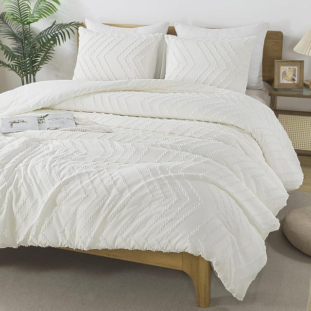 Andency Ivory Comforter Set King Size, Boho Soft Warm Tufted Bedding Comforter Sets for King Size Bed, 3 Pieces Aesthetic Chevron Farmhouse Cute Bohemian Textured Bedding Set