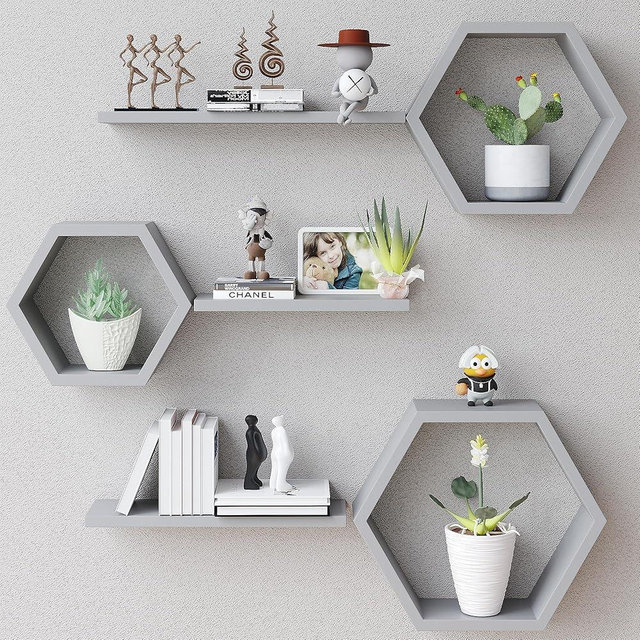 LUDORU Wooden Hexagon Floating Shelves Wall Mounted,Set of 6 Pine Hexagon Shelves Display for Photos,Plants,Rustic Honeycomb Shelves for Living Room,Bedroom,Bathroom, Kitchen, Office Decor, Grey