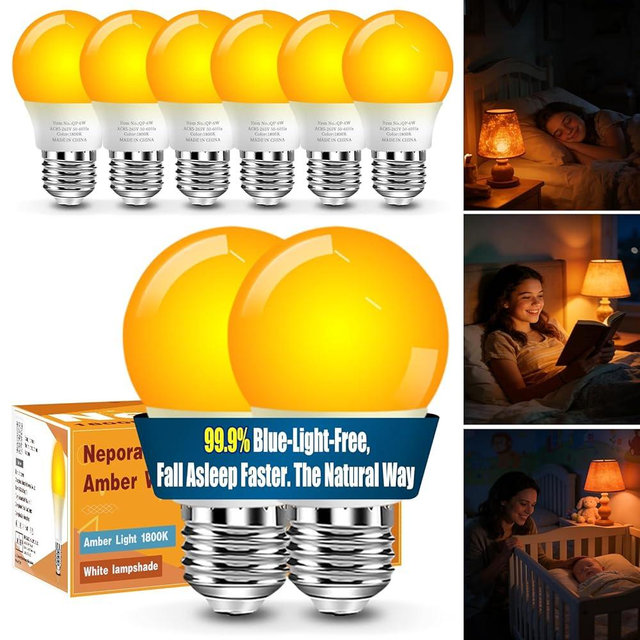 Neporal 1800K Amber Sleep Light Bulbs 8PK, 99.96% Blue Blocking Soft Warm Light Bulbs for Melatonin Promoting, A15 6W 40W Equivalent Amber Night Light E26 for Bedroom, Baby Nursery, Reading