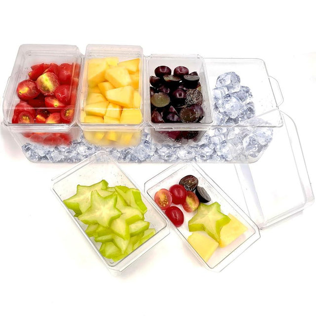 Ice Chilled Condiment Caddy with 4 Containers (2.8 cup), Condiment Server with Separate Lids, ice chilled party platter Container for Fruit,Salad, Nuts, Candy, Snack, Taco Bar Serving Set for Party