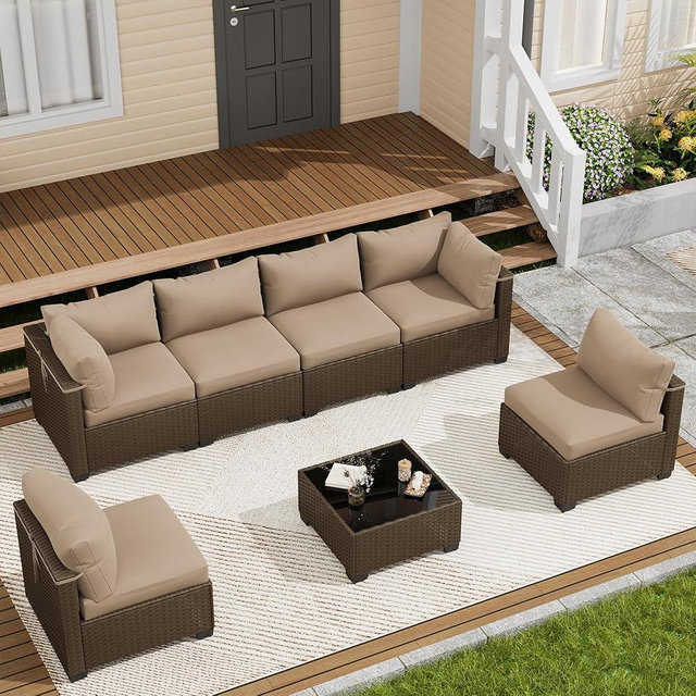 LOUVIXA 7 Piece Outdoor Patio Furniture Set, Outdoor Sectional Sofa, Wicker Rattan Patio Furniture, Patio Conversation Set with Coffee Table & Cushions