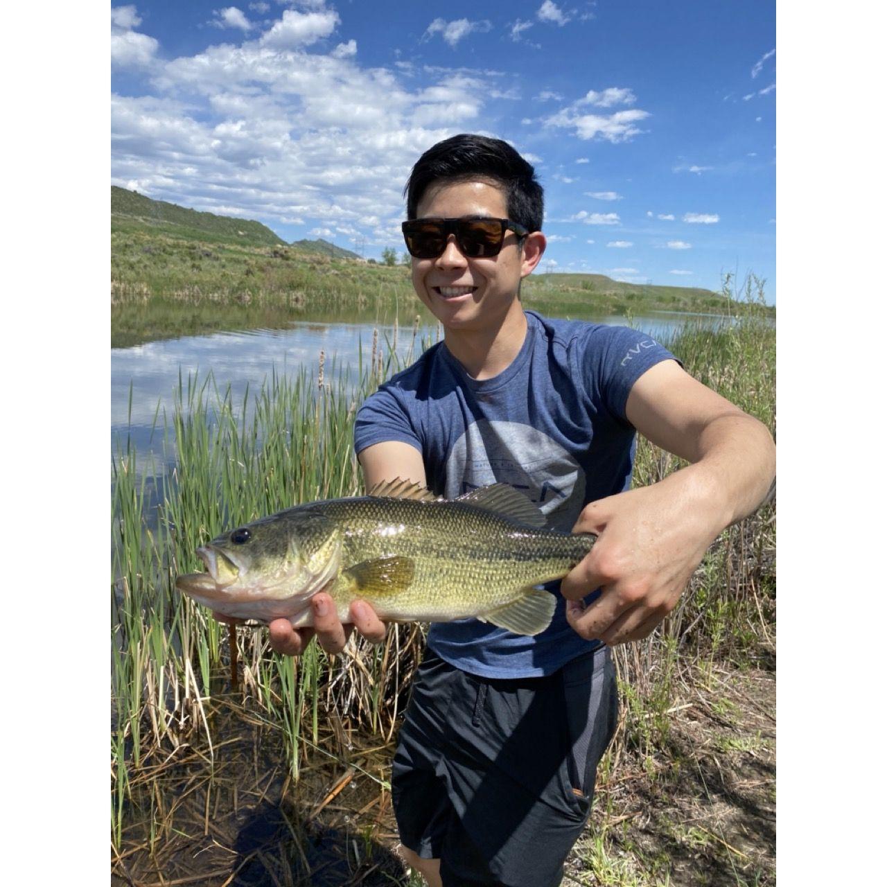 Jaxon catching a bass at Chatfield.