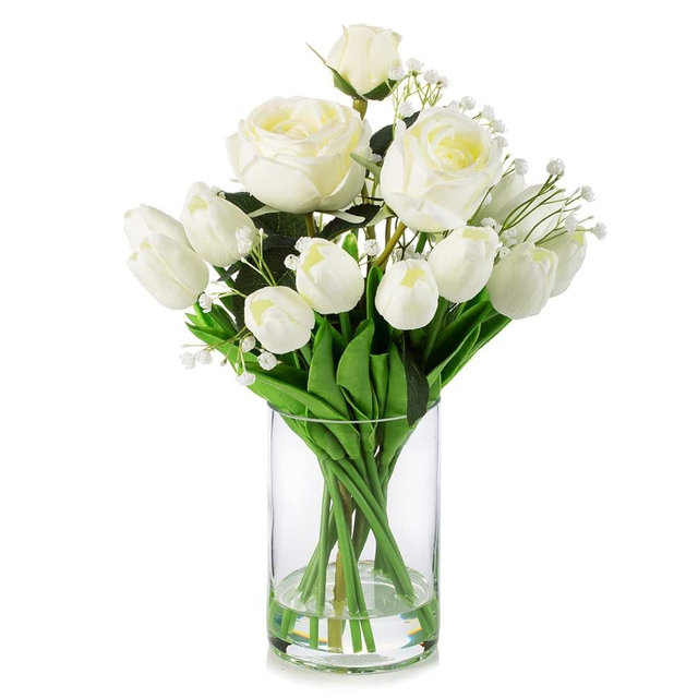 ENOVA FLORAL Mixed Rose Artificial Flowers and Tulips Flowers Real Touch in Glass Vase, Artificial Flowers in Vase with Faux Water for Dining Table Centerpieces, Wedding Event (White)
