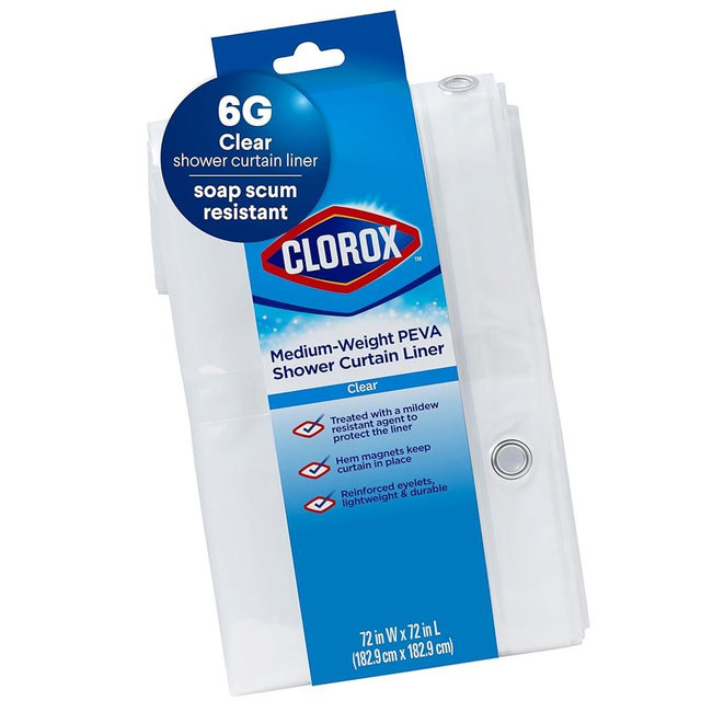CLOROX Shower Curtain Liner, Premium Medium-Weight Durable Waterproof 6g PEVA for Bathroom with Weighted Magnets, Standard Size 72" x 72", Clear 1 Pack