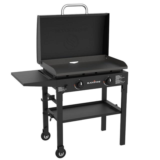 Blackstone Flat Top Gas Grill Griddle 2 Burner Propane Fuelled Rear Grease Management System with hood, Hood, Powder Coated Black, 1517