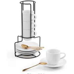 Lareina 3-Ounce Espresso Cups with Saucers, Spoons and Metal Stand, Small Stackable Coffee Cups Set of 4, Ceramic Demitasse Mugs, White