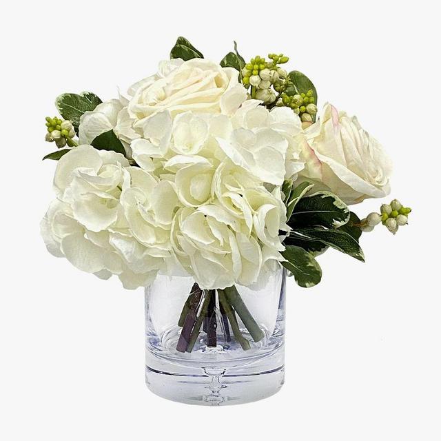 Faux Hydrangea & White Rose Mixed Composed Arrangement, 9'', White