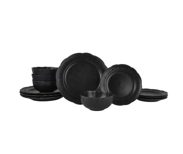 Beautiful Scallop Stoneware Dinnerware 12 Piece Set by Drew Barrymore (Black Sesame) (Cornflower Blue) (Black Sesame)