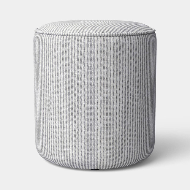 Upholstered Drum Ottoman with Button Tuft and Piping Cream/Blue - Threshold™