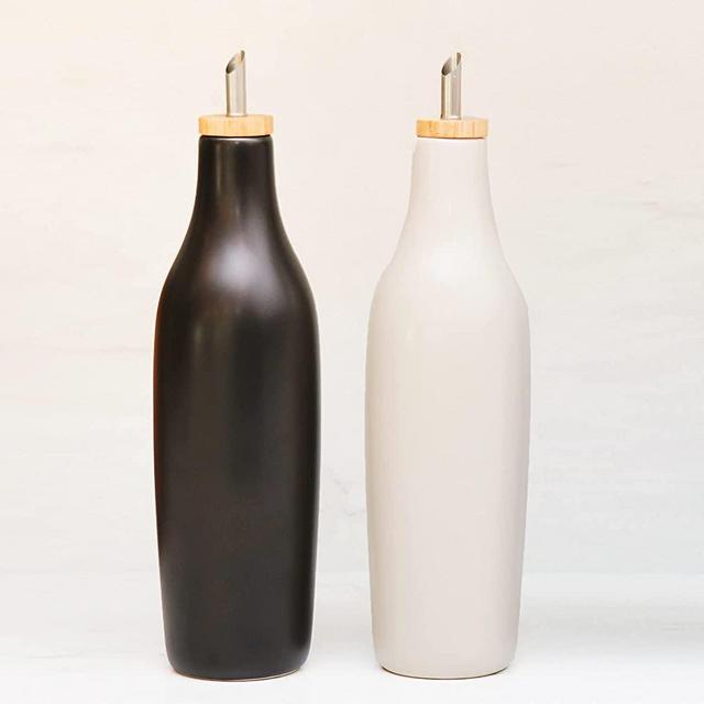 Grace Homewares Olive Oil Dispenser Bottle Set | Stoneware Ceramic for EVOO or Vinegar | Modern Design | Large Capacity 16.9 ounce | Oil Container | Two Pack | Black and Warm Grey