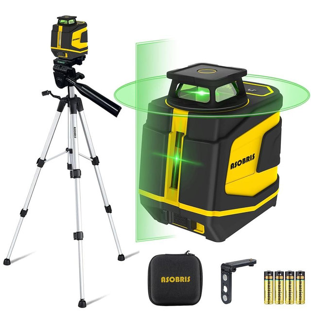 ASOBRIS 360° Laser-Level-with-Tripod Self-Leveling, Green Cross Line Laser with Horizontal Vertical Beam, Laser Tool for Picture Hanging Construction Floor Tile Wall, Carrying Pouch Battery Included