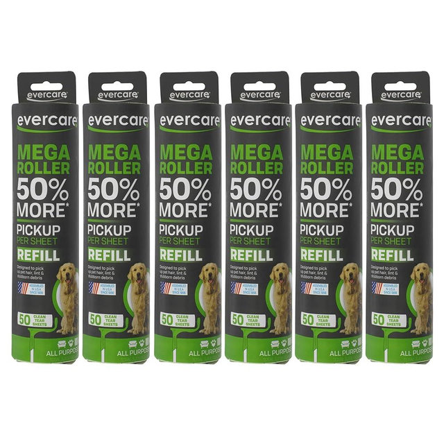 Evercare Pack of 6 10" Wide Large Surface Mega Pet Roller Refill, 50 Sheets Each (300 Sheets Total)