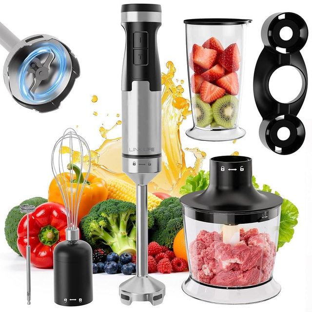1200W Immersion Blender Handheld, 5-in-1 Variable Speed Emulsifier Hand Blender Stick with Whisk Chopper Milk Frother Mixing Cup and Storage Rack for Kitchen Soup, Purees, Baby Food and Smoothies