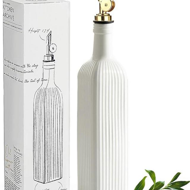 getstar 18 oz Olive Oil Dispenser Bottle for Kitchen, Ceramic Oil Bottle with Automatic Stainless Steel Pourer (Golden Pourer)