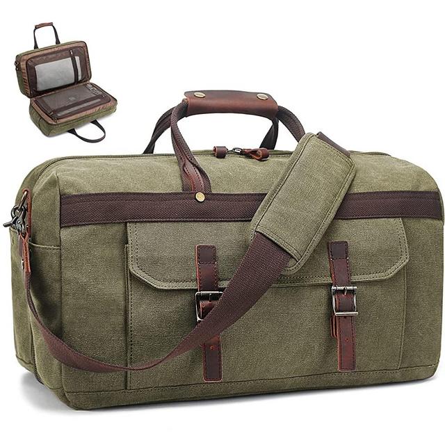 Duffle Bag for Men Waterproof Genuine Leather Canvas Travel Duffel Bags for Women Overnight Weekender Bag for Traveling, Army Green