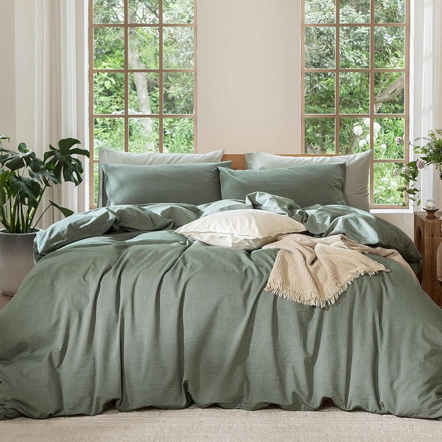 MooMee Bedding Duvet Cover Set 100% Washed Cotton Linen Like Textured Breathable Durable Soft Comfy (Heathered Green, Super King 108"x98")