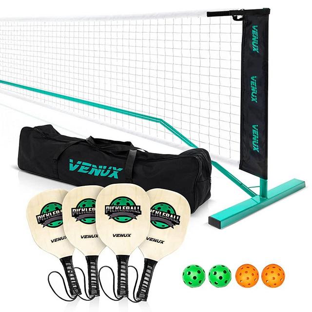 VENUX Portable Pickleball Net Set- Professional Pickleball Net System Complete Set with 4 Paddles + 4 Balls + Carrying Bag, Metal Frame Strong PE Net, Official Regulation Size Net