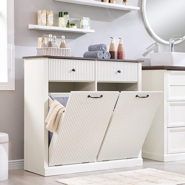 IFBUY Modern Double Tilt-Out Laundry Hamper Cabinet, 20 Gallon Fluted Trash Can Cabinet w/2 Drawers, Wooden Hidden Garbage Can Cabinets with Laundry Basket, for Bathroom and Kitchen, Antique White