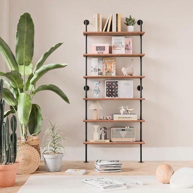 Anynice 6 Tier Industrial Ladder Pipe Shelf Bookcase, Rustic Wall Mounted Pipe Bookshelves for Decor and Storage