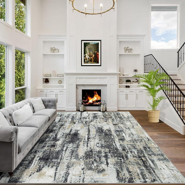 9x12 Area Rugs Washable Rug: Modern Abstract Living Room Rug Soft Anti-Skid Thin Carpet Indoor Floor Non-Shedding Carpets for Bedroom Dining Room Farmhouse Nursery Home Office Black Grey Gold