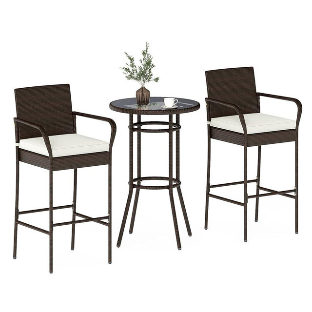 Tangkula 3 Piece Outdoor Bar Set, Patio Rattan Heavy Duty Bar Height Glass Top Table & Chairs w/ 2 Cushioned Barstools, for Porch, Yard, Poolside