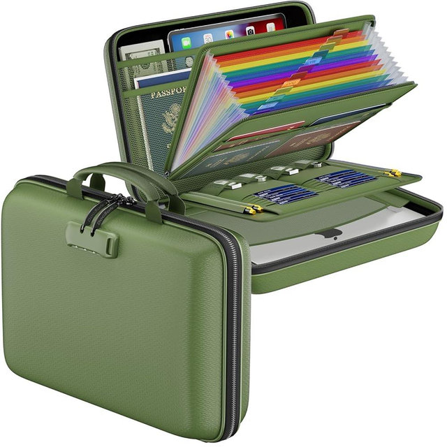 DocSafe Fireproof File Organizer with Lock, Hard-Shell Case Fireproof Document Box with 13 Pocket Accordion File Folder, Portable Home Office Travel Safe Storage for Important Documents Laptop Green