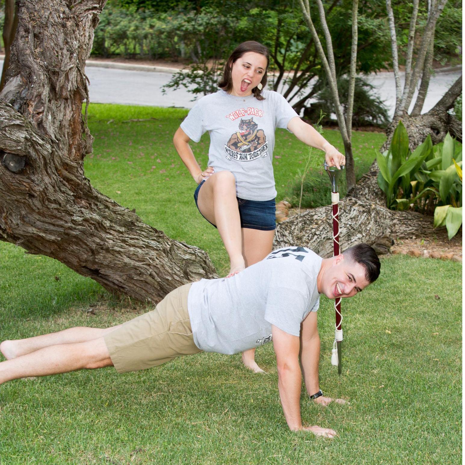 Tim hated me when we first met because I made him and his buddies do lots and lots of push-ups (recreated in this lovely photo)