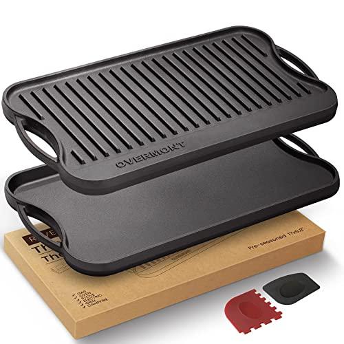 Overmont Pre-seasoned Cast Iron Reversible Griddle Grill Pan with handles for Gas Stovetop Open Fire Oven, 17x9.8"- One tray, Scrapers Included