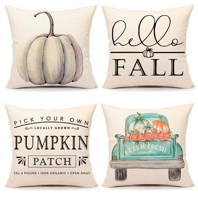 4TH Emotion Fall Decor Pillow Covers 18x18 Set of 4 White Pumpkin Farmhouse Decorations Throw Cushion Case for Fall Thanksgiving Home Decorative Pillows TH011