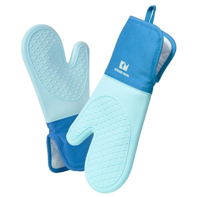 Kitchen Mama UltraShield Silicone Oven Mitts – Heat Resistant, Non-Slip Surface, Durable, Safe, Pot Holders, Flexible Waterproof Glove Set, Perfect for Cooking, Baking, Grilling, BBQ (Blue)
