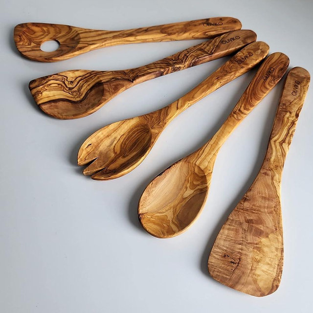 OLIVIKO 100% Olive Wood kit HAND MADE 5 Spoon Set flat handle for Nonstick Cookware & Kitchen Utensils | Cooking, Baking & Serving | Eco-friendly & Handmade | 1 Spatulas & 4 Spoons (12-inches)
