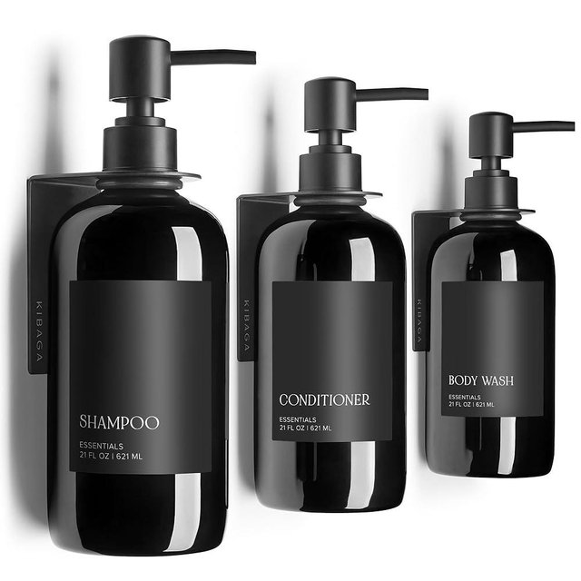 Stylish Shampoo and Conditioner Dispenser Set of 3 for Wall Mount - Modern Drill Free 21oz Shower Soap Bottles with Labels - Easy Refill Body Wash Dispensers for an Instant Bathroom Decor Upgrade